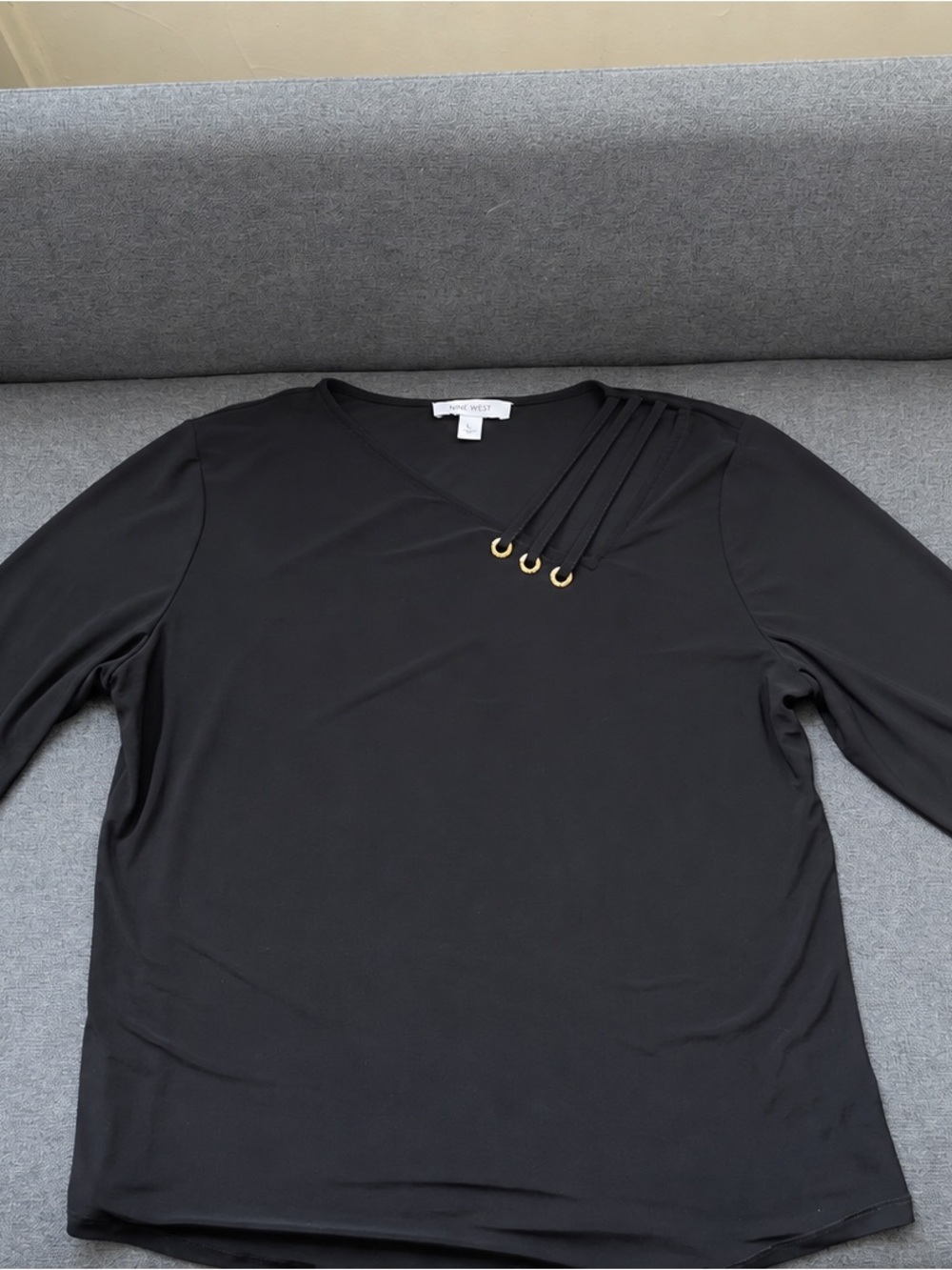 Nine West Black Grommet Strap V-Neck Blouse Size L 3/4 Sleeve Gold Accents